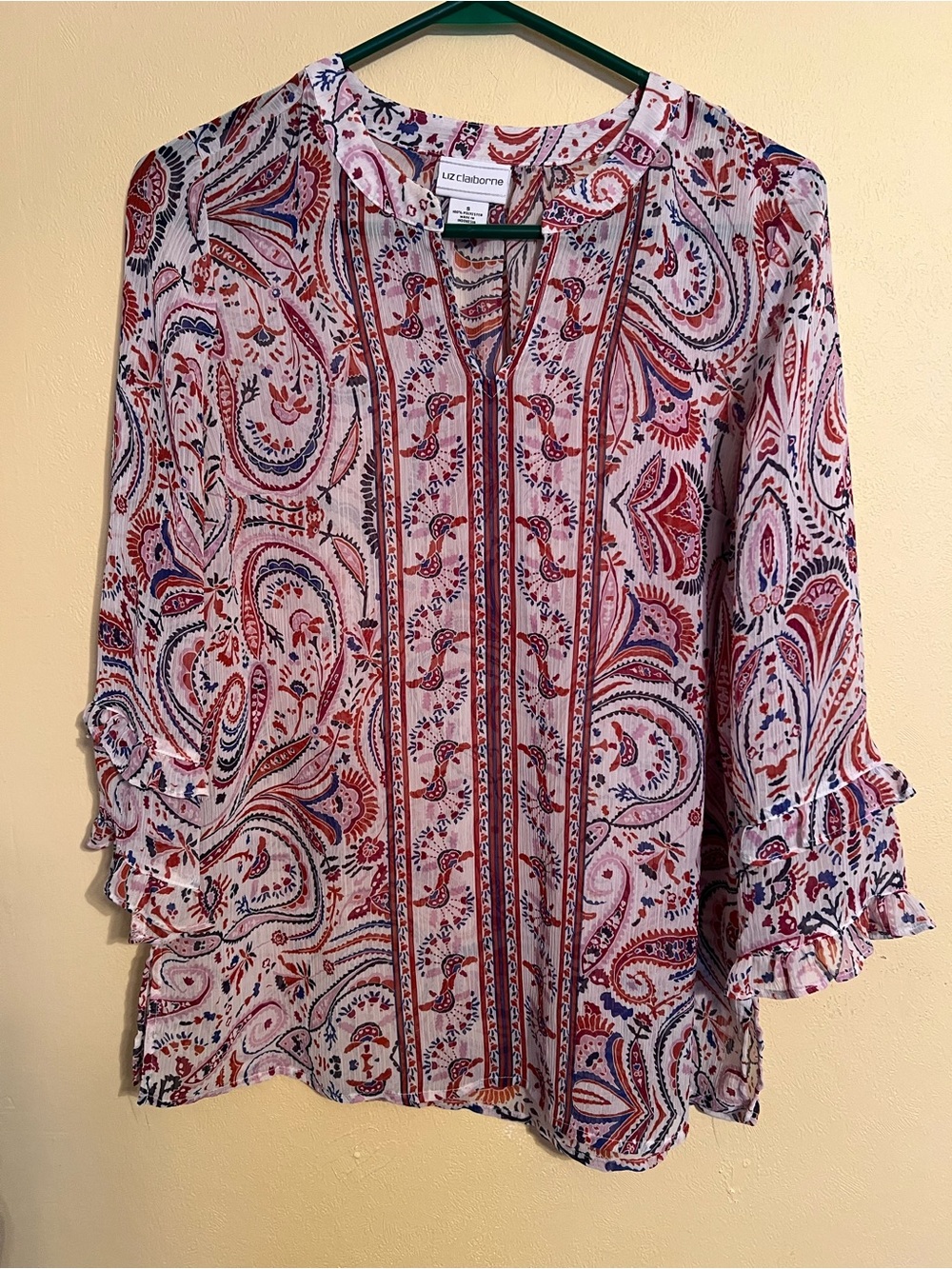 Liz Claiborne Pink and Navy Paisley Split-Neck Blouse